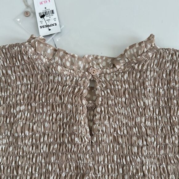 NWT Express Printed Smocked Ruffle Neck Puff Sheer Sleeves Top Sz M - Picture 11 of 12